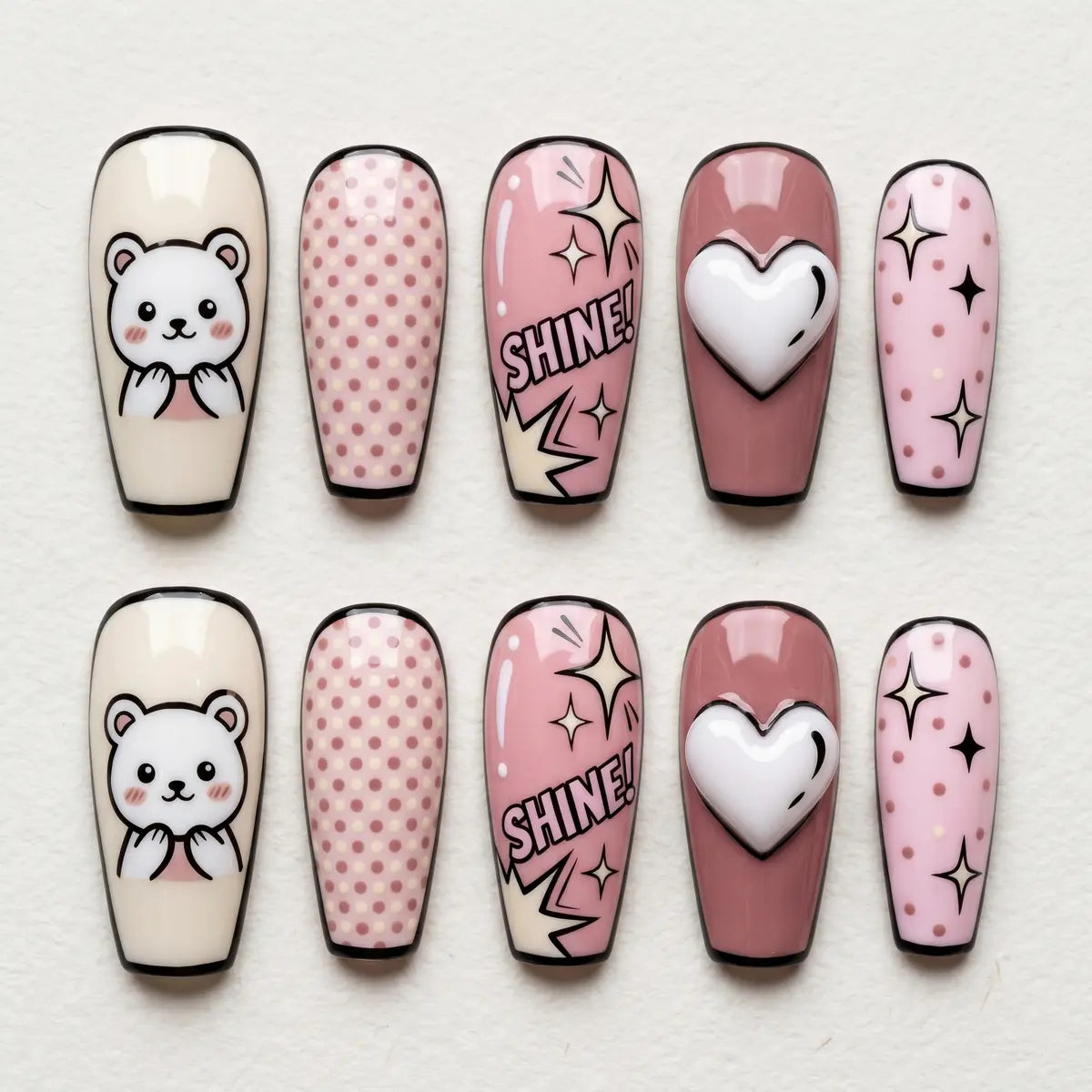 pink hand painted coffin press on nails pop art 3d heart bear shine flat lay 01