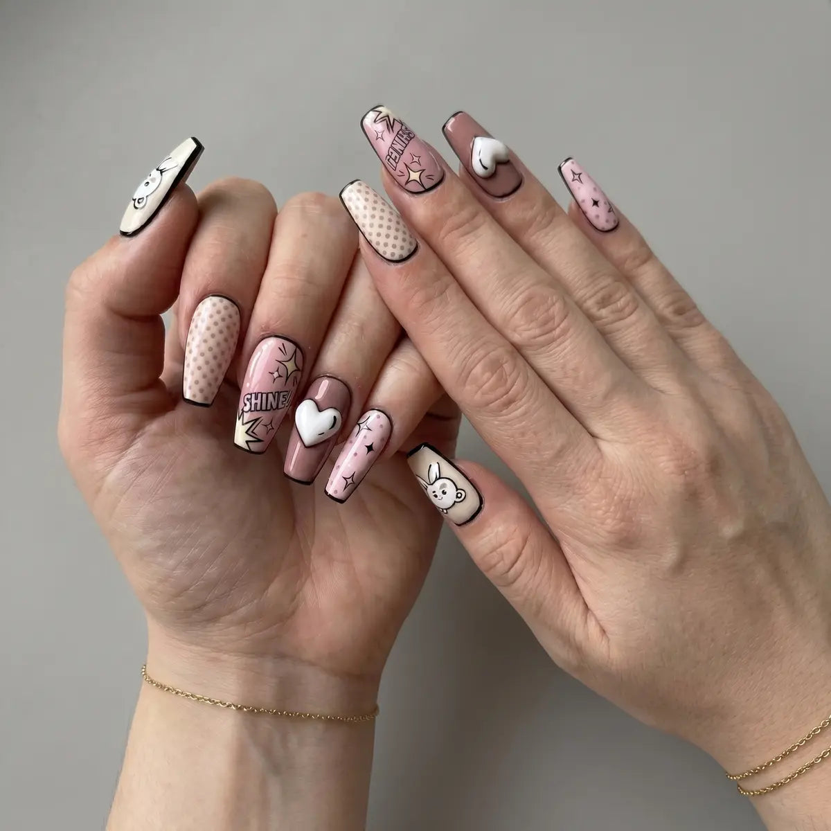 pink hand painted coffin press on nails pop art 3d heart bear shine mockup 01