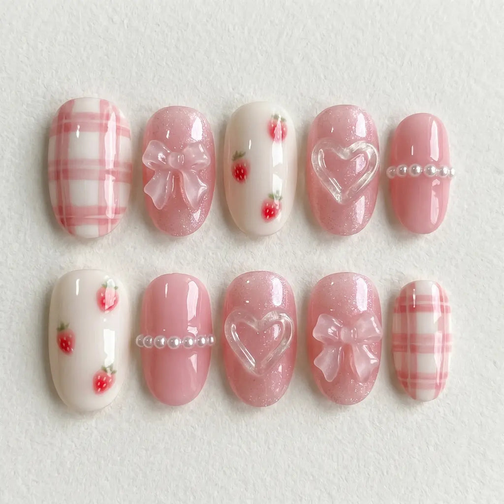 pink hand painted oval press on nails strawberry gingham 3d jelly bow flat lay 01