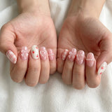 pink hand painted oval press on nails strawberry gingham 3d jelly bow mockup 01