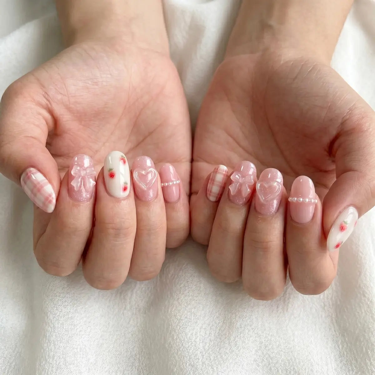 pink hand painted oval press on nails strawberry gingham 3d jelly bow mockup 01