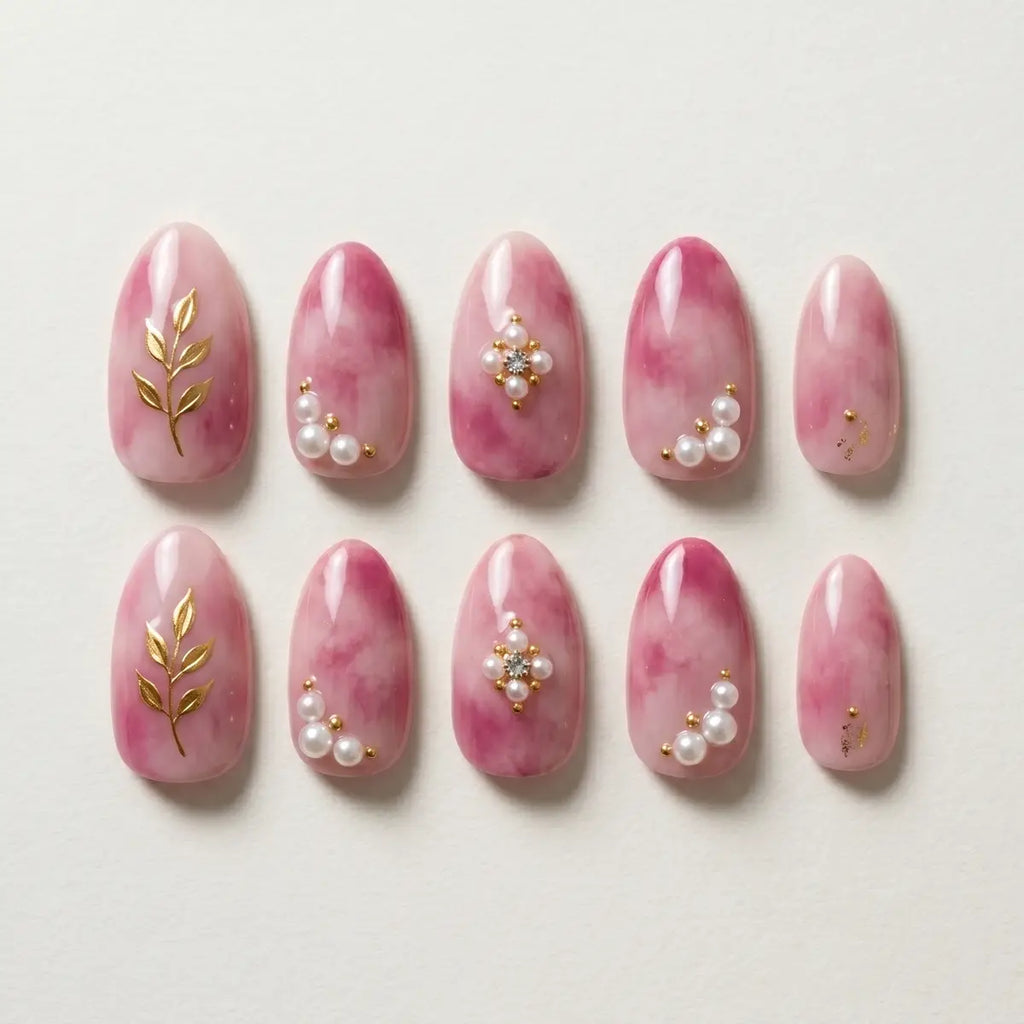 pink marble 3d almond press on nails gold leaf pearl mockup 01