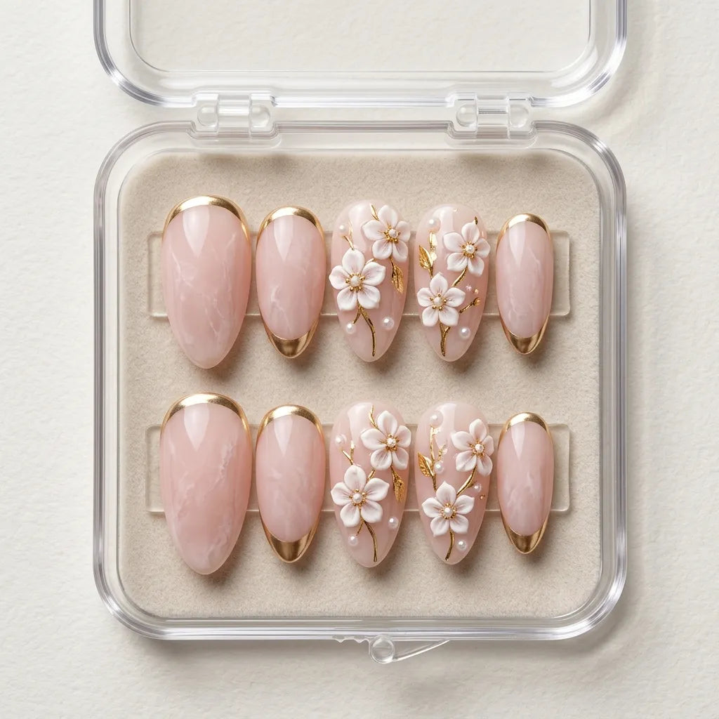 pink marble gold chrome tip almond press on nails 3d flower branch flat lay 01