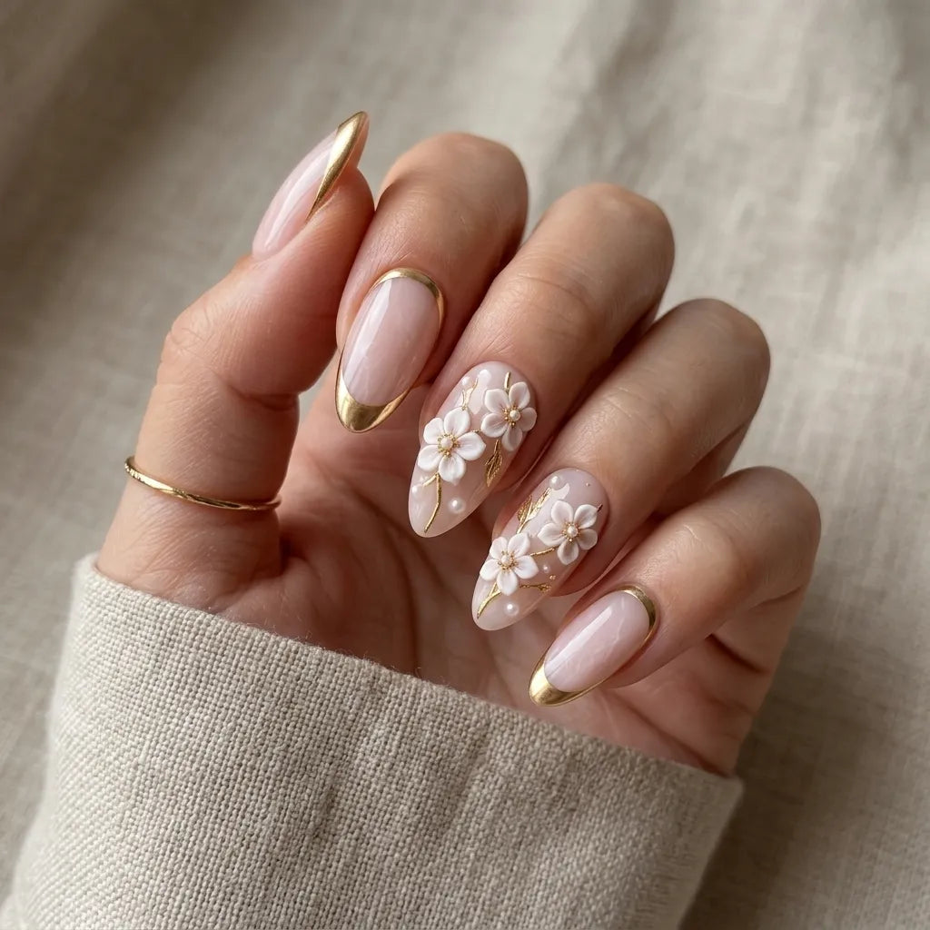 pink marble gold chrome tip almond press on nails 3d flower branch mockup 01