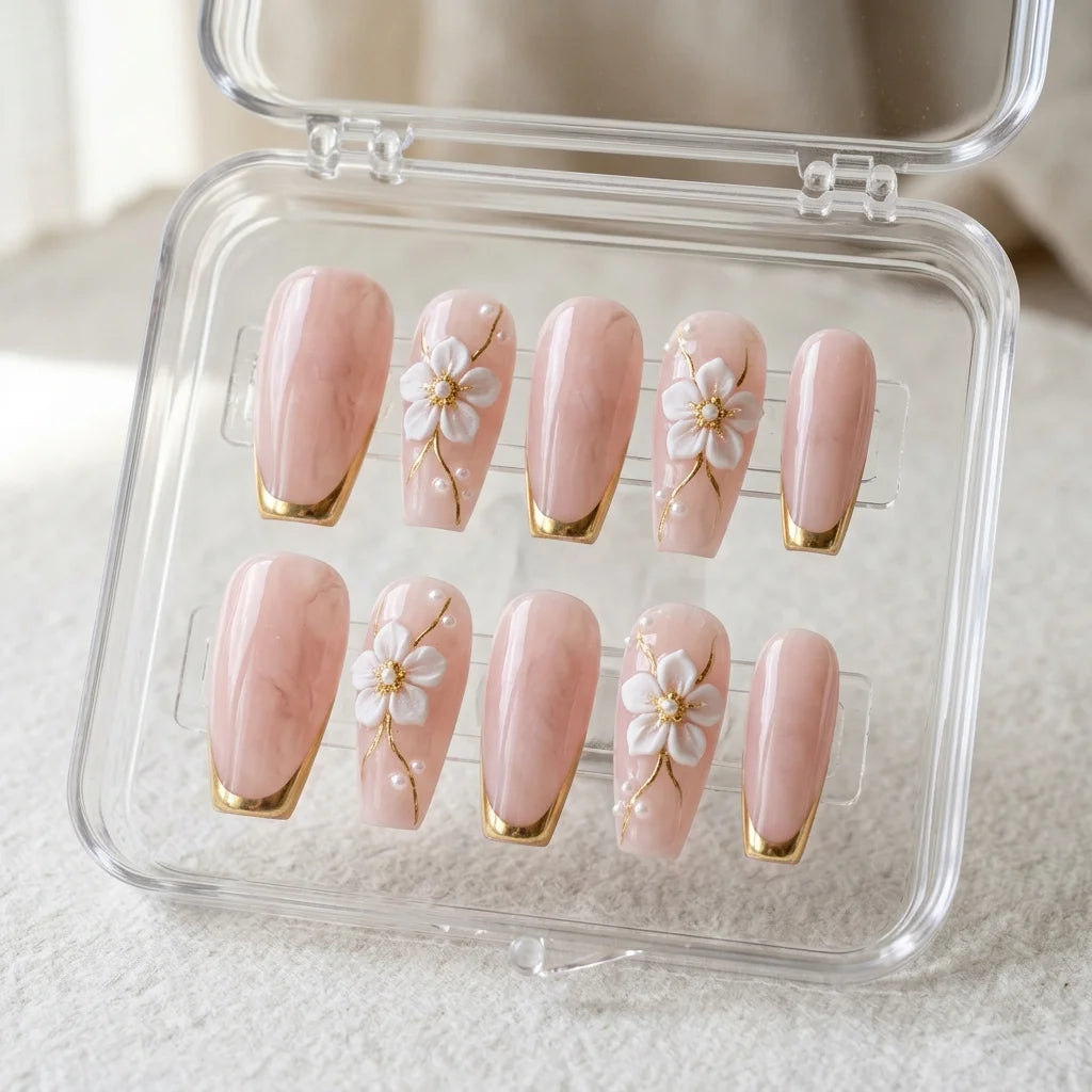 pink marble gold chrome tip coffin long press on nails 3d flower stem flat lay 01