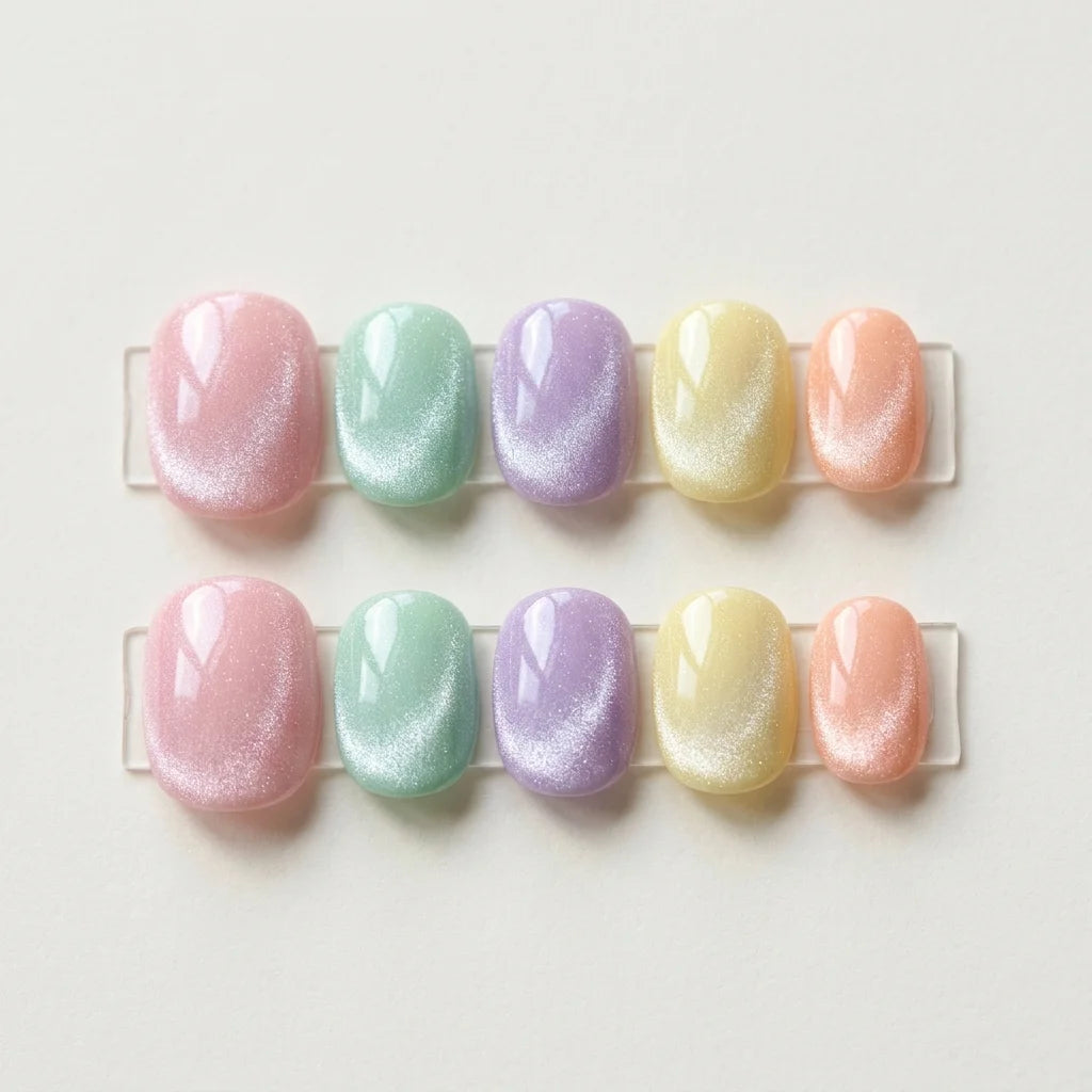 pink mint lilac cat eye oval press on nails velvet finish flat lay 03