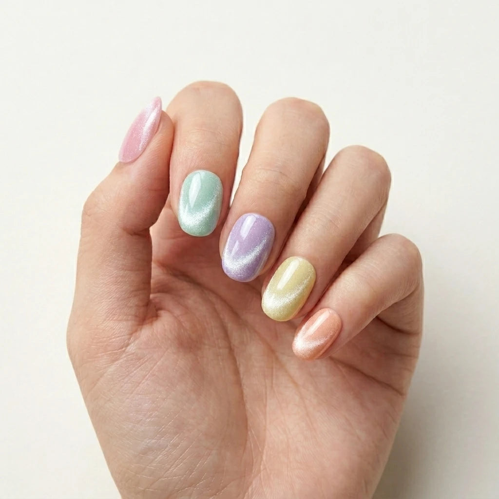 pink mint lilac cat eye oval press on nails velvet finish lifestyle 02
