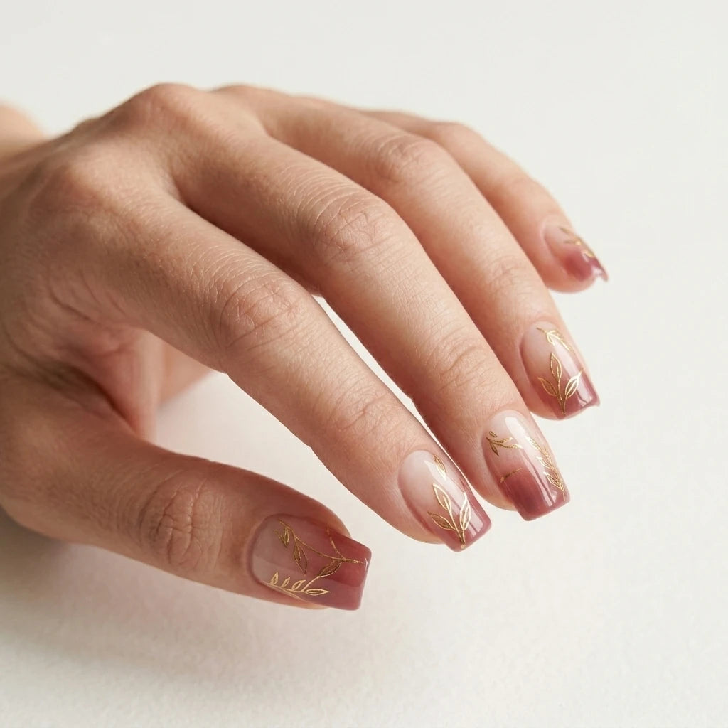 pink nude hand painted ombre square short press on nails gold leaf vine flat lay 03