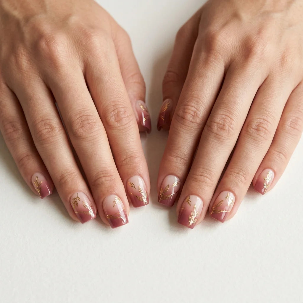 pink nude hand painted ombre square short press on nails gold leaf vine lifestyle 02