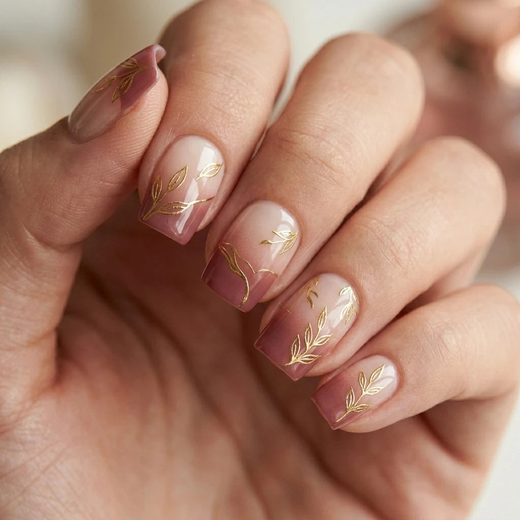 pink nude hand painted ombre square short press on nails gold leaf vine mockup 01