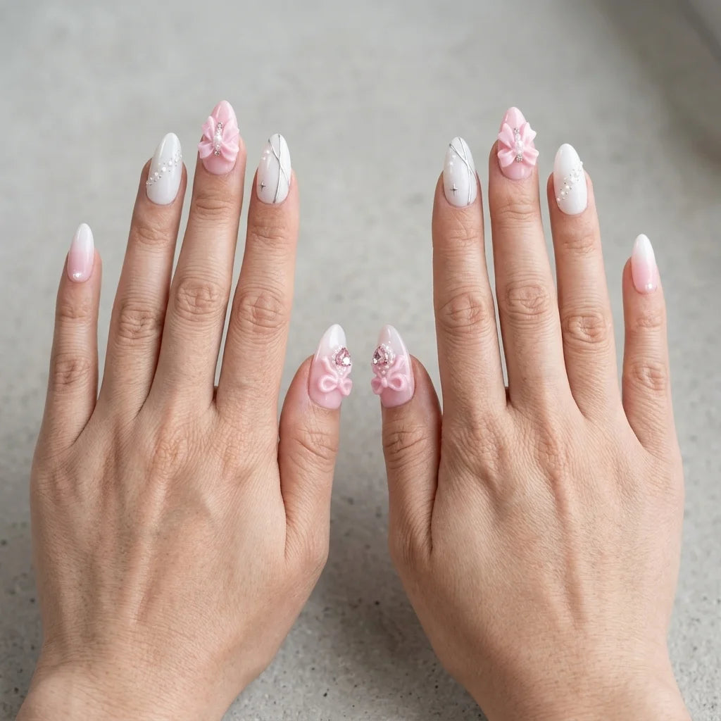 pink ombre 3d almond short press on nails coquette detail 01