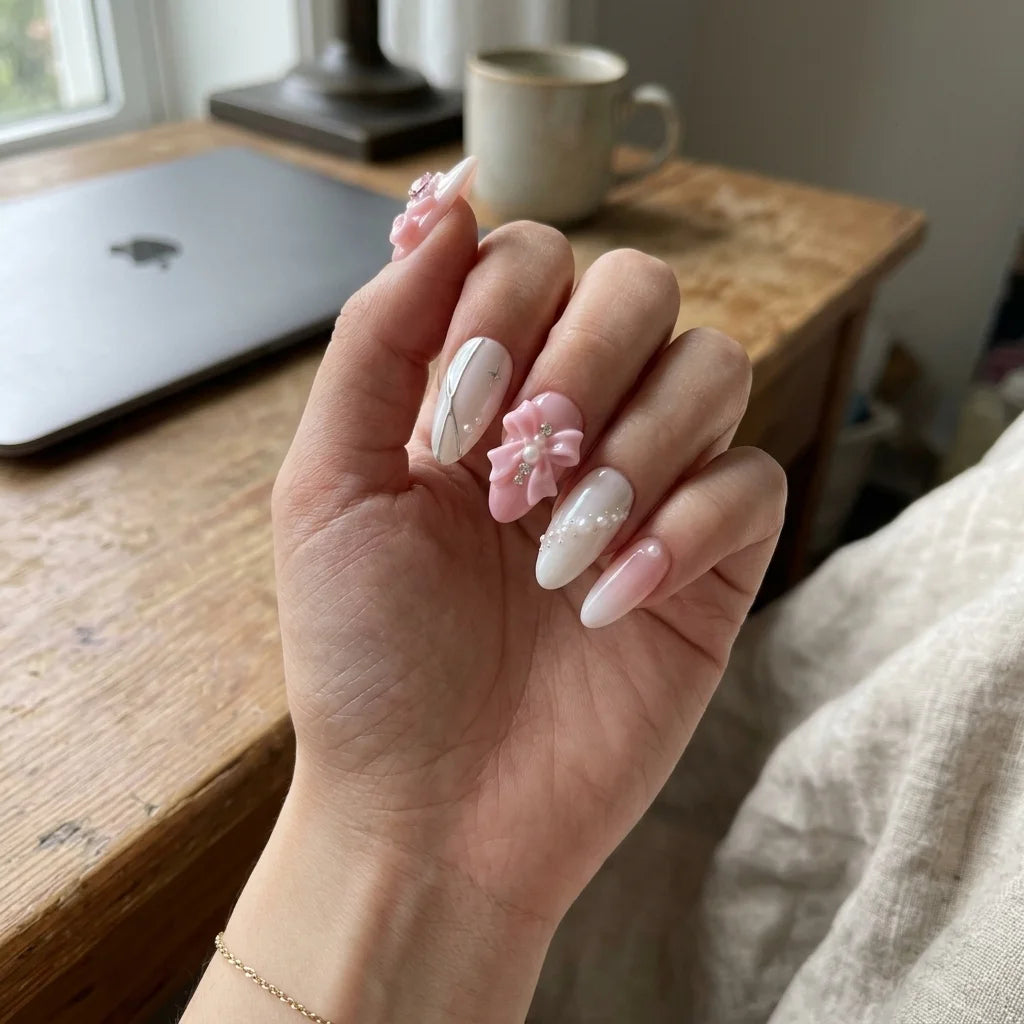 pink ombre 3d almond short press on nails coquette flat lay 01