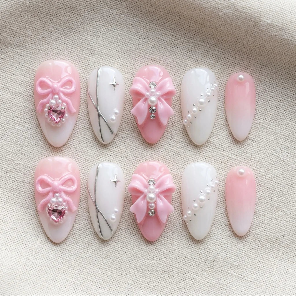 pink ombre 3d almond short press on nails coquette mockup 01