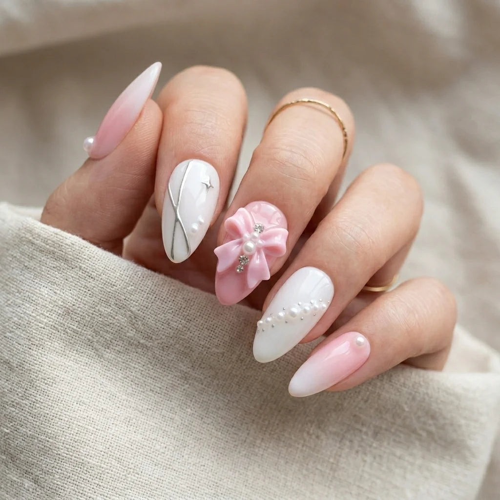 pink ombre 3d almond short press on nails coquette mockup 02
