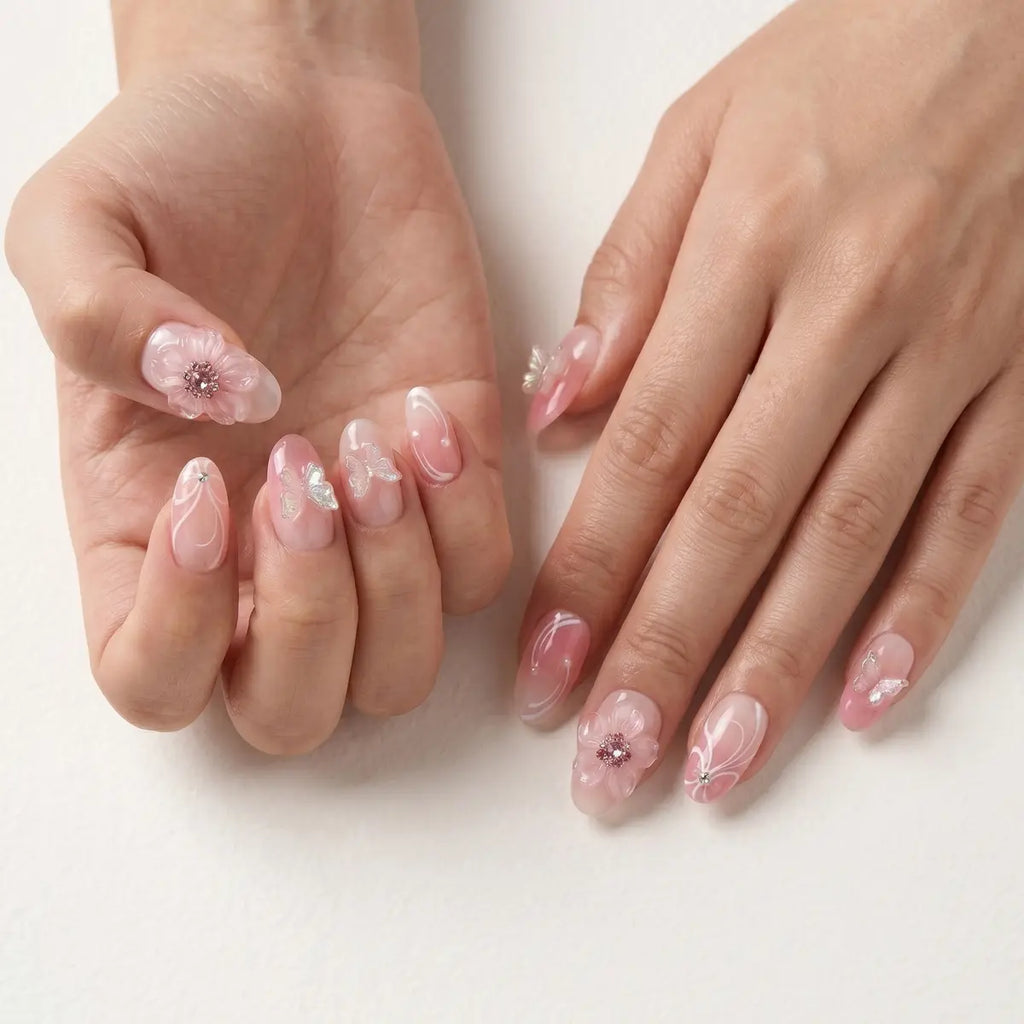 pink ombre almond press on nails 3d butterfly flower pearl mockup 01