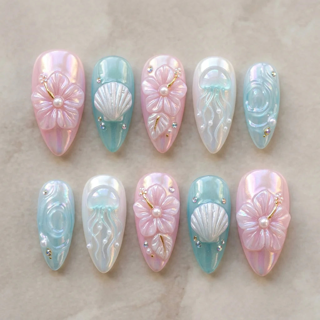 pink pearl 3d almond medium press on nails ocean mockup 01