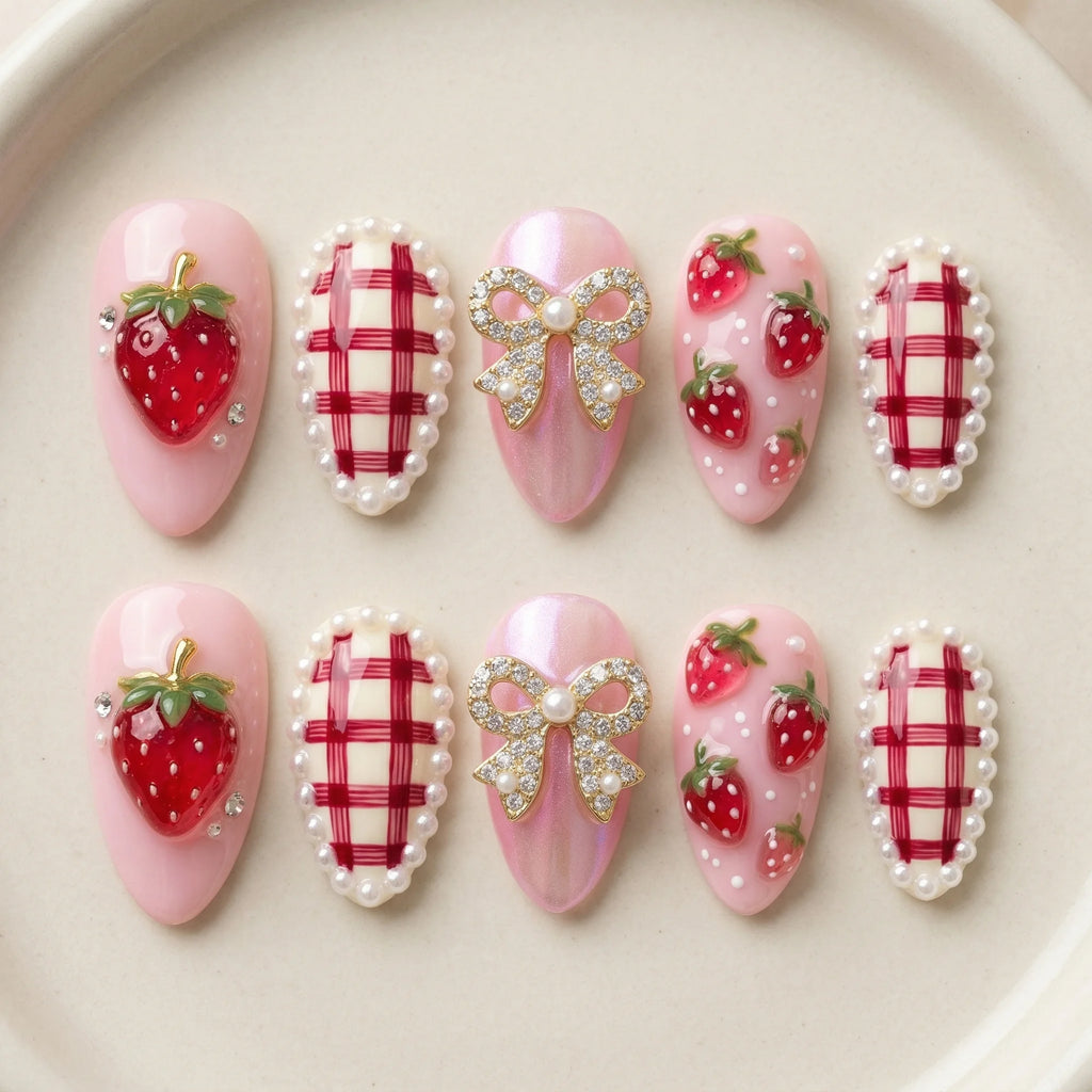 pink pearl border almond medium press on nails strawberry gingham mockup 01