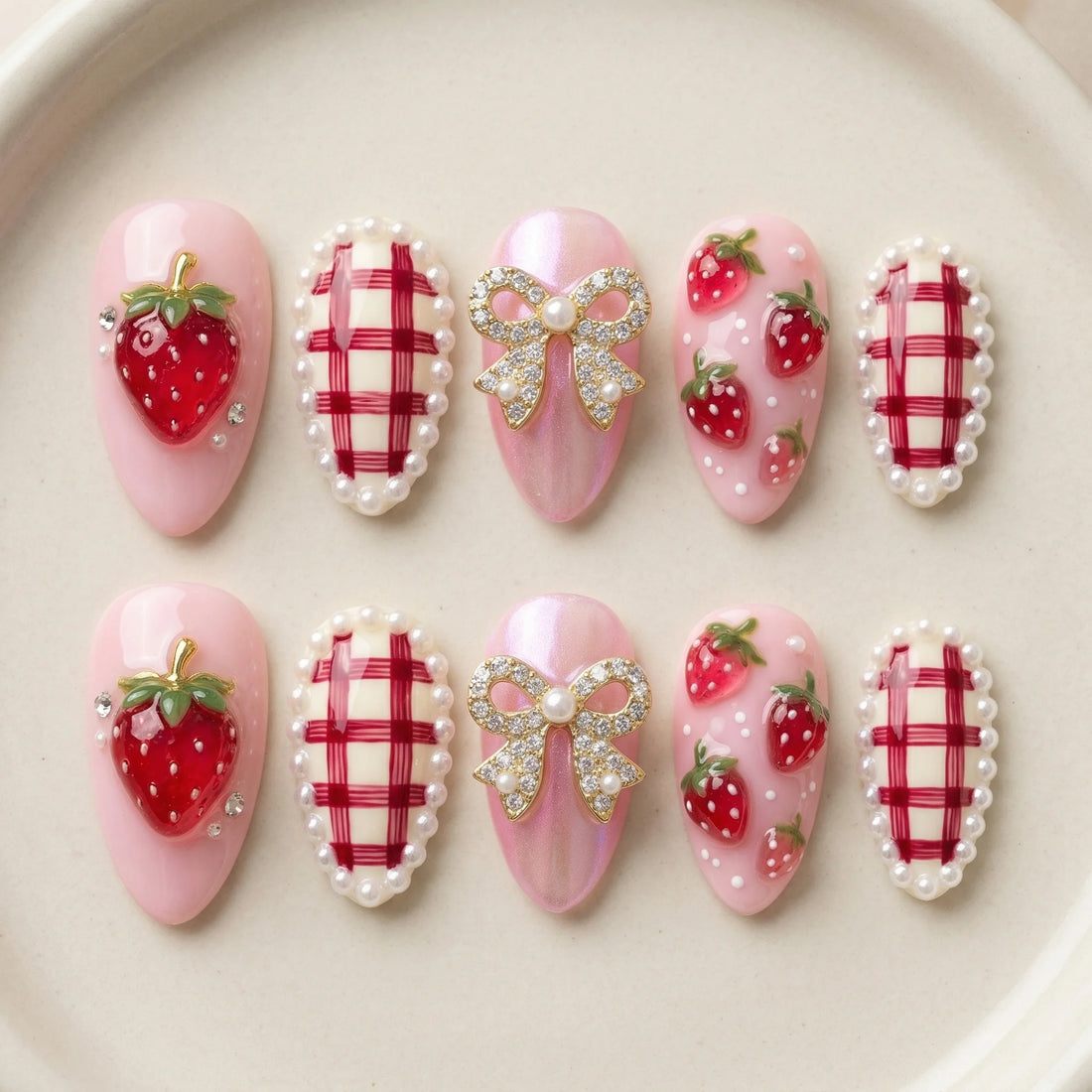 pink strawberry gingham 3d bow almond medium press on nails mockup 02