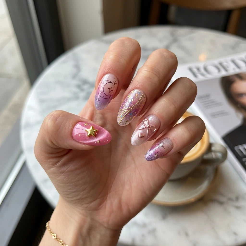 pink purple gold 3d cat eye almond press on nails glitter moon star detail 01