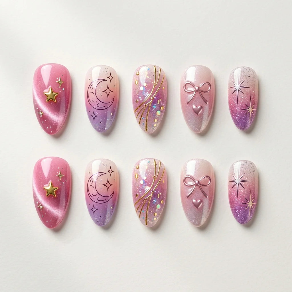 pink purple gold 3d cat eye almond press on nails glitter moon star flat lay 01