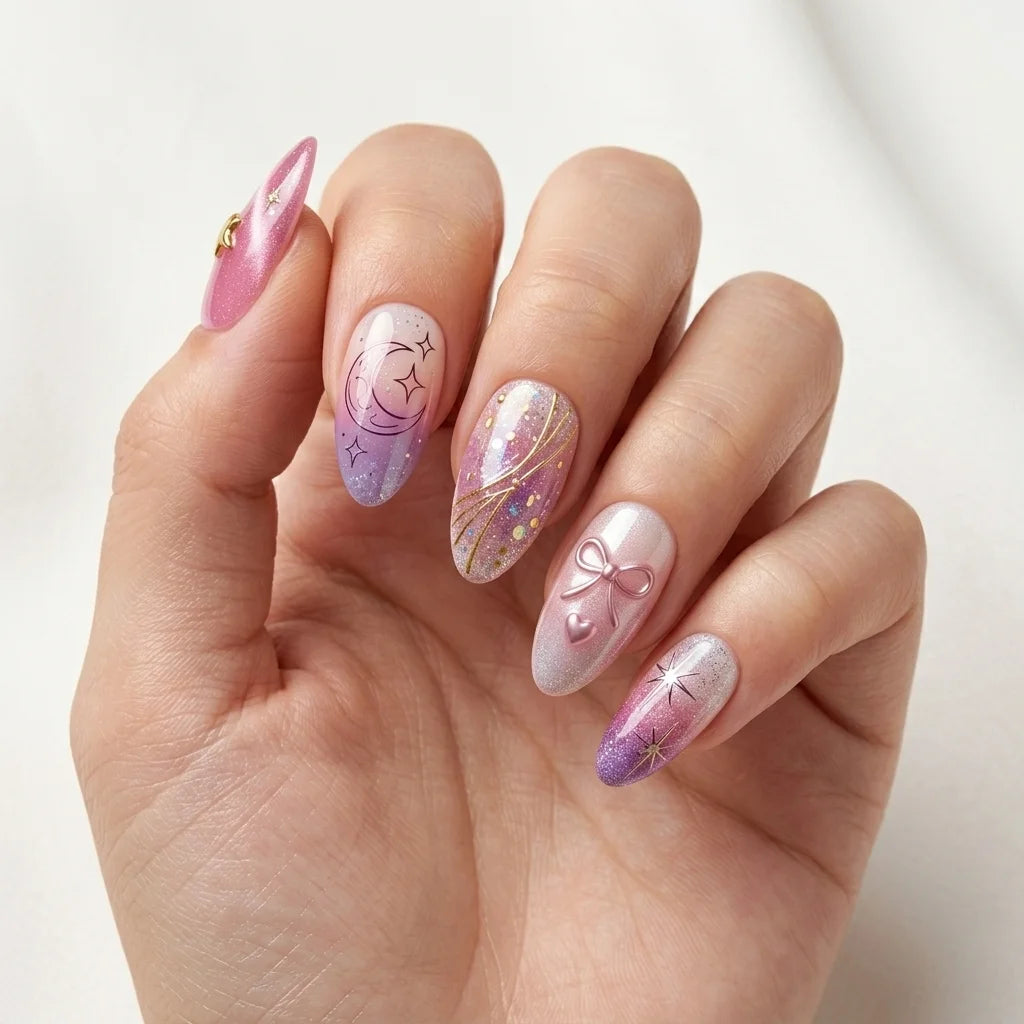 pink purple gold 3d cat eye almond press on nails glitter moon star flat lay 02