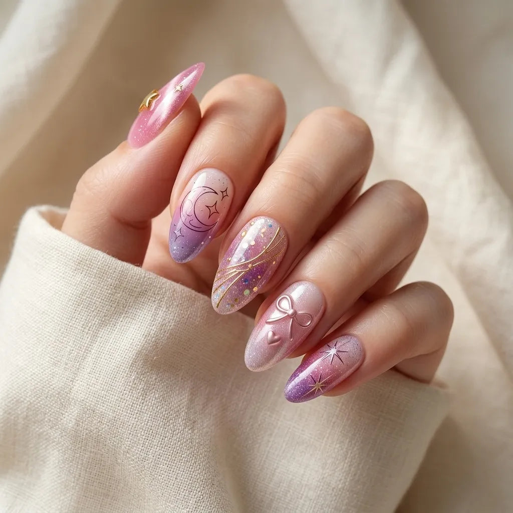 pink purple gold 3d cat eye almond press on nails glitter moon star mockup 01