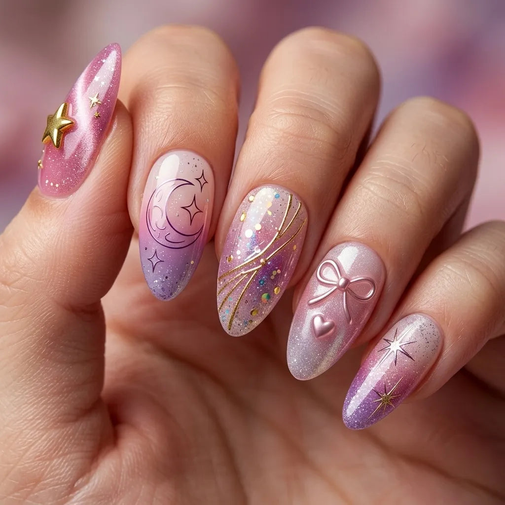 pink purple gold 3d cat eye almond press on nails glitter moon star mockup 02