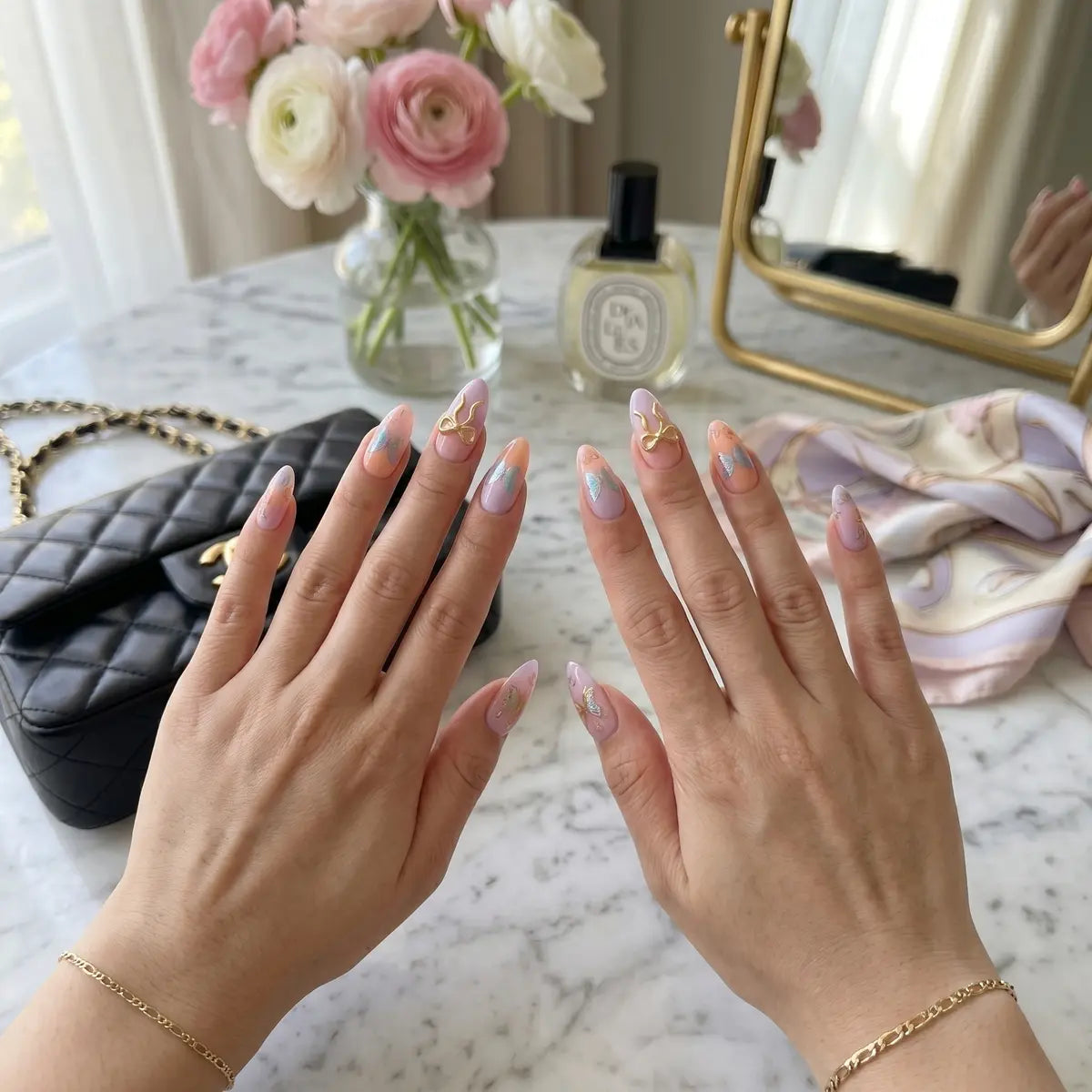 pink purple ombre 3d almond press on nails gold butterfly charm detail 03