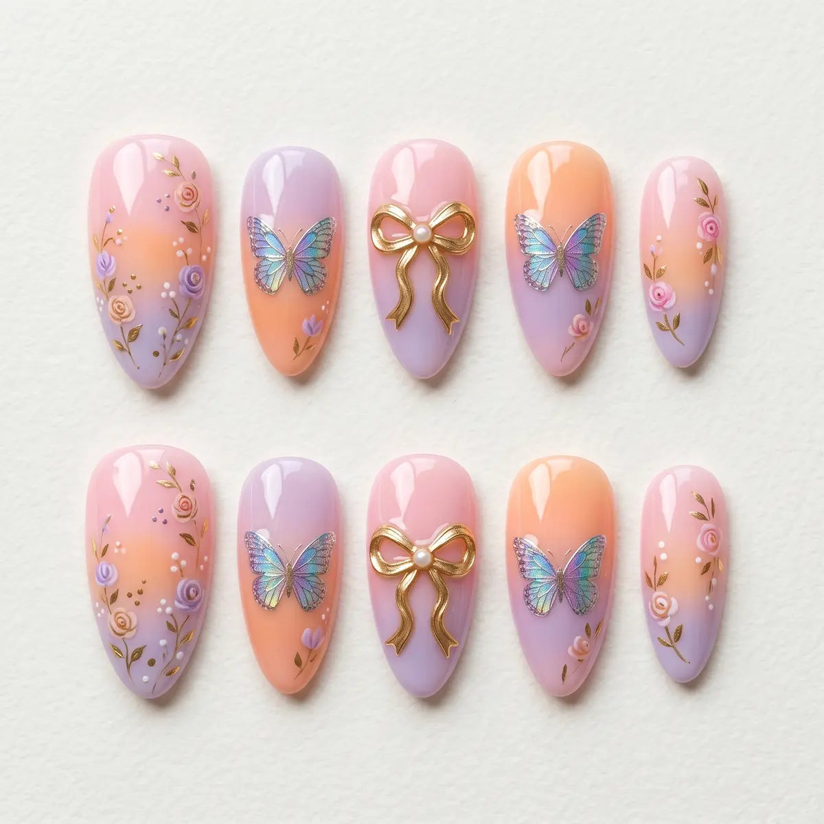 pink purple ombre 3d almond press on nails gold butterfly charm mockup 01