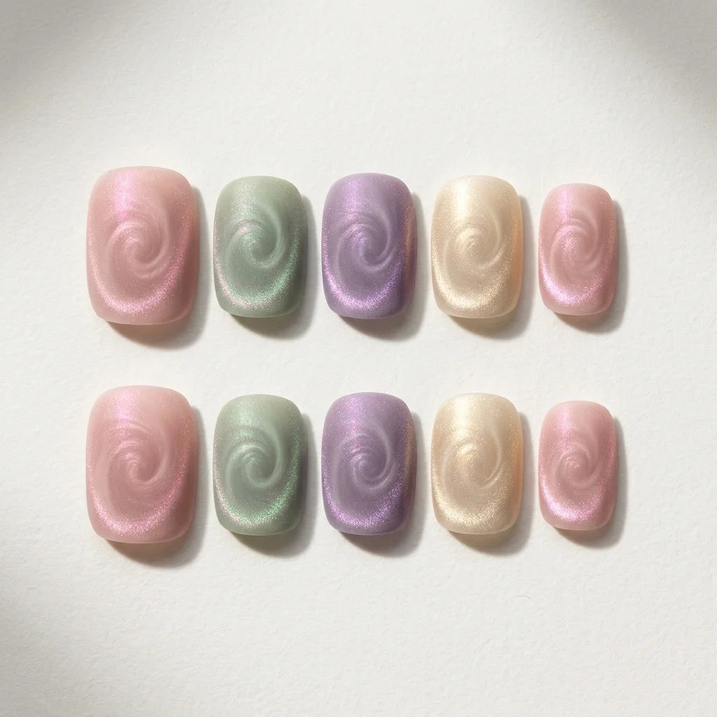 pink sage lilac cat eye square short press on nails swirl flat lay 03