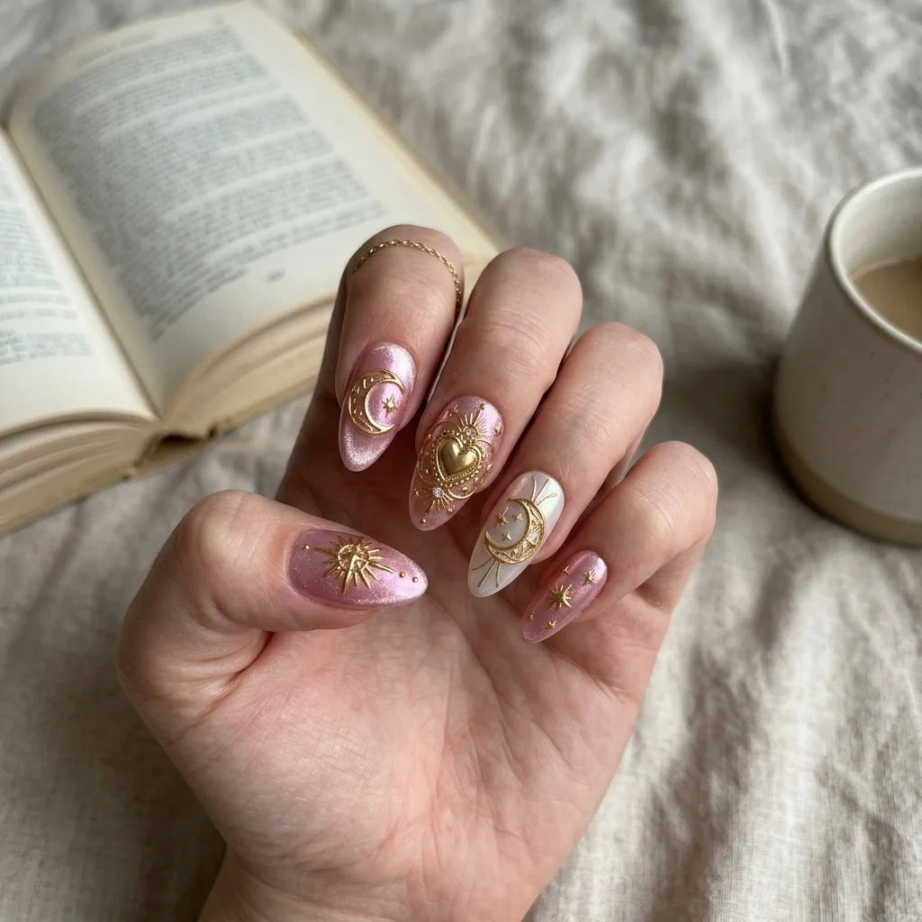 pink shimmer 3d almond medium press on nails heart flat lay 01