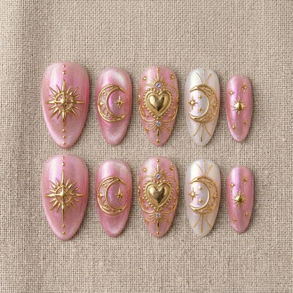 pink shimmer 3d almond medium press on nails heart mockup 01