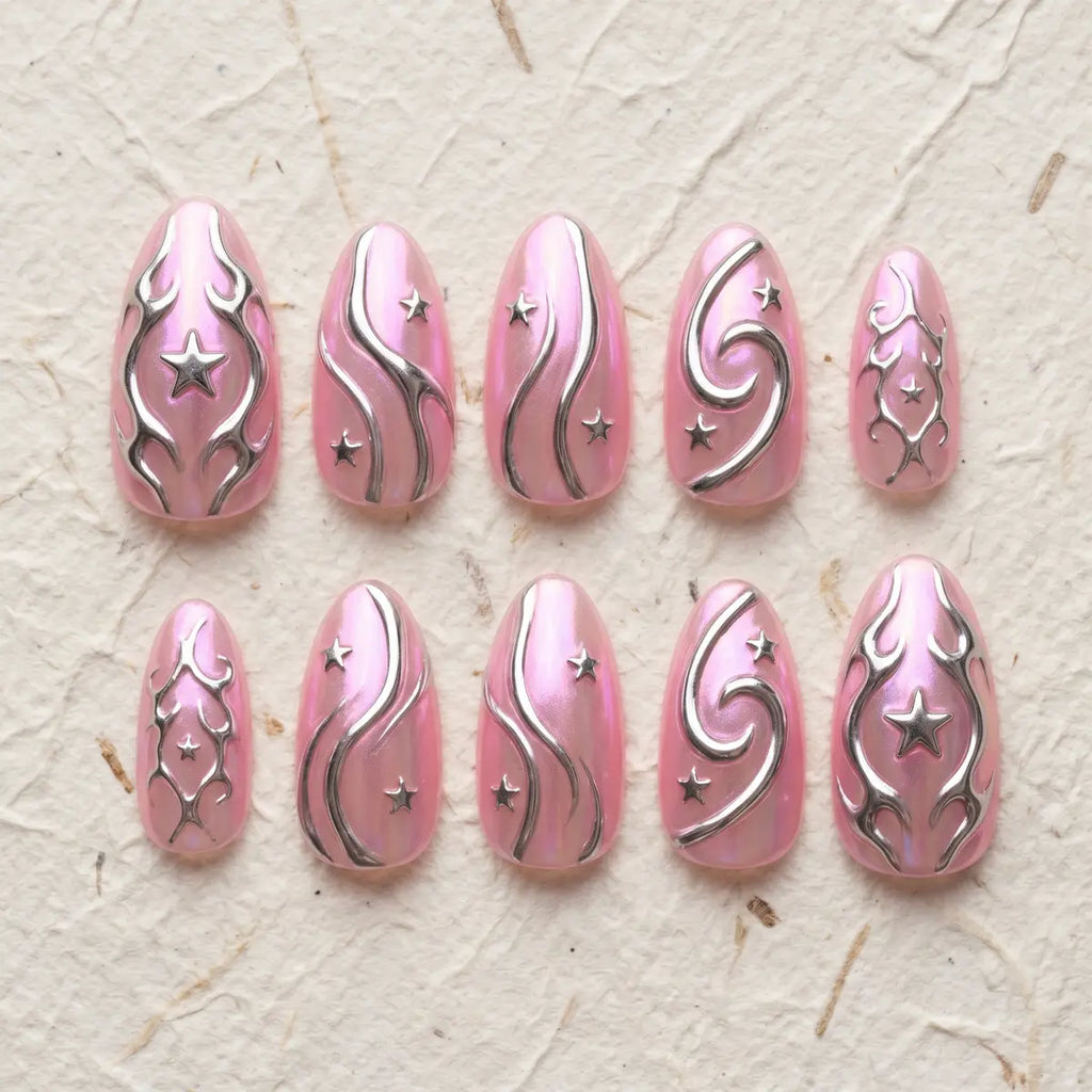 pink silver 3d chrome almond press on nails star cluster swirl mockup 01
