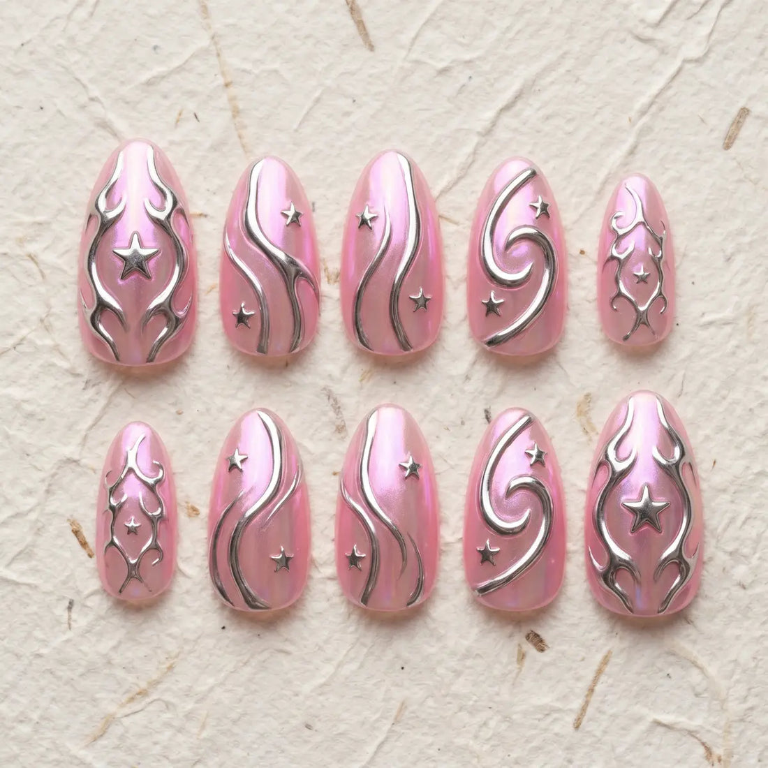 pink silver 3d chrome almond press on nails star cluster swirl lifestyle 02