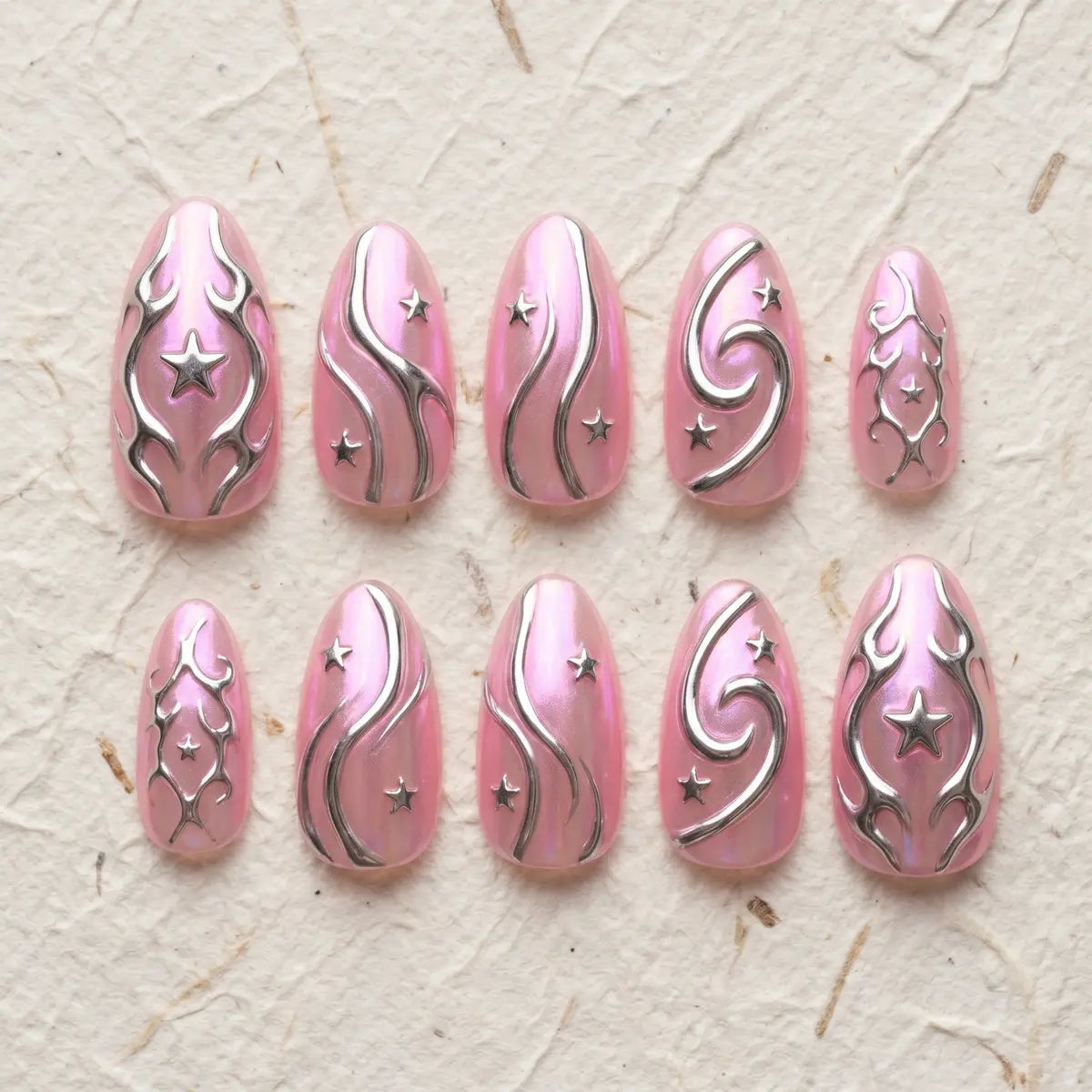 pink silver 3d chrome almond press on nails star cluster swirl mockup 01