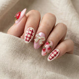 pink strawberry gingham 3d bow almond medium press on nails mockup 02