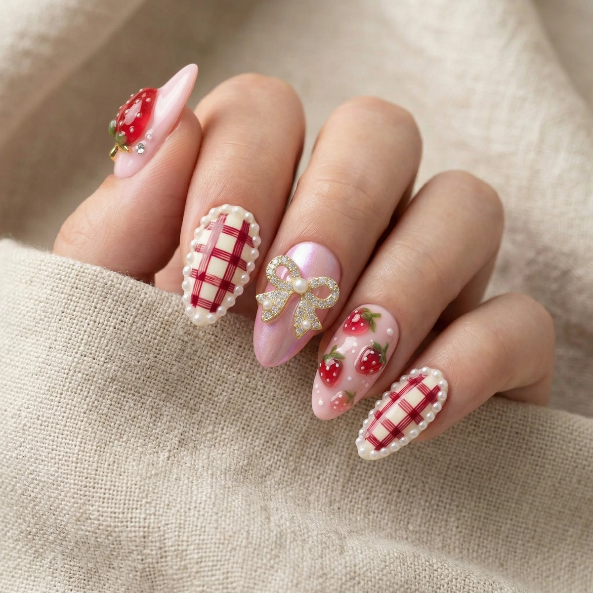 pink strawberry gingham 3d bow almond medium press on nails mockup 02