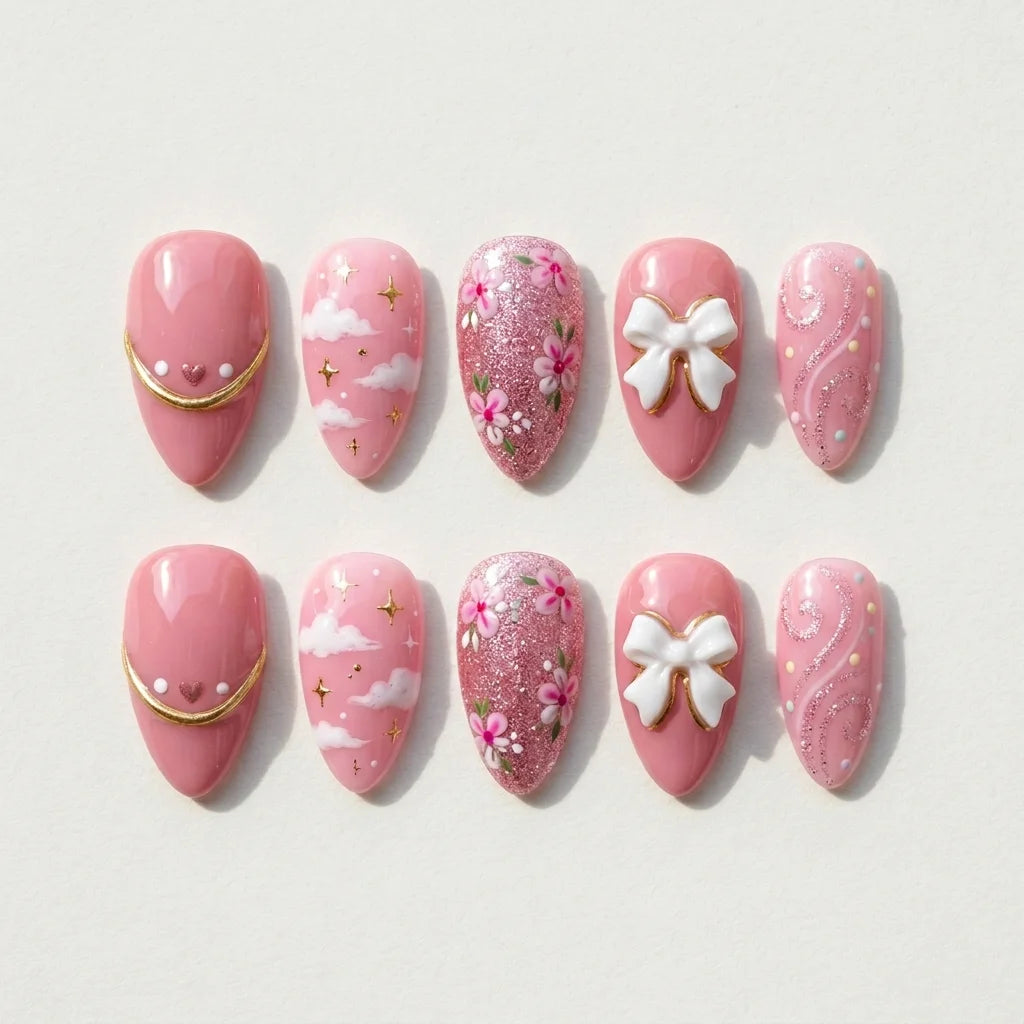pink white 3d almond press on nails sakura clouds ribbon glitter flat lay 01