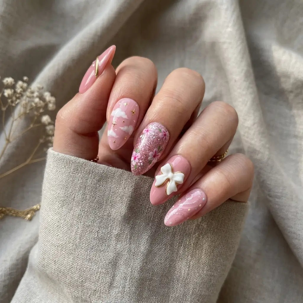 pink white 3d almond press on nails sakura clouds ribbon glitter lifestyle 01