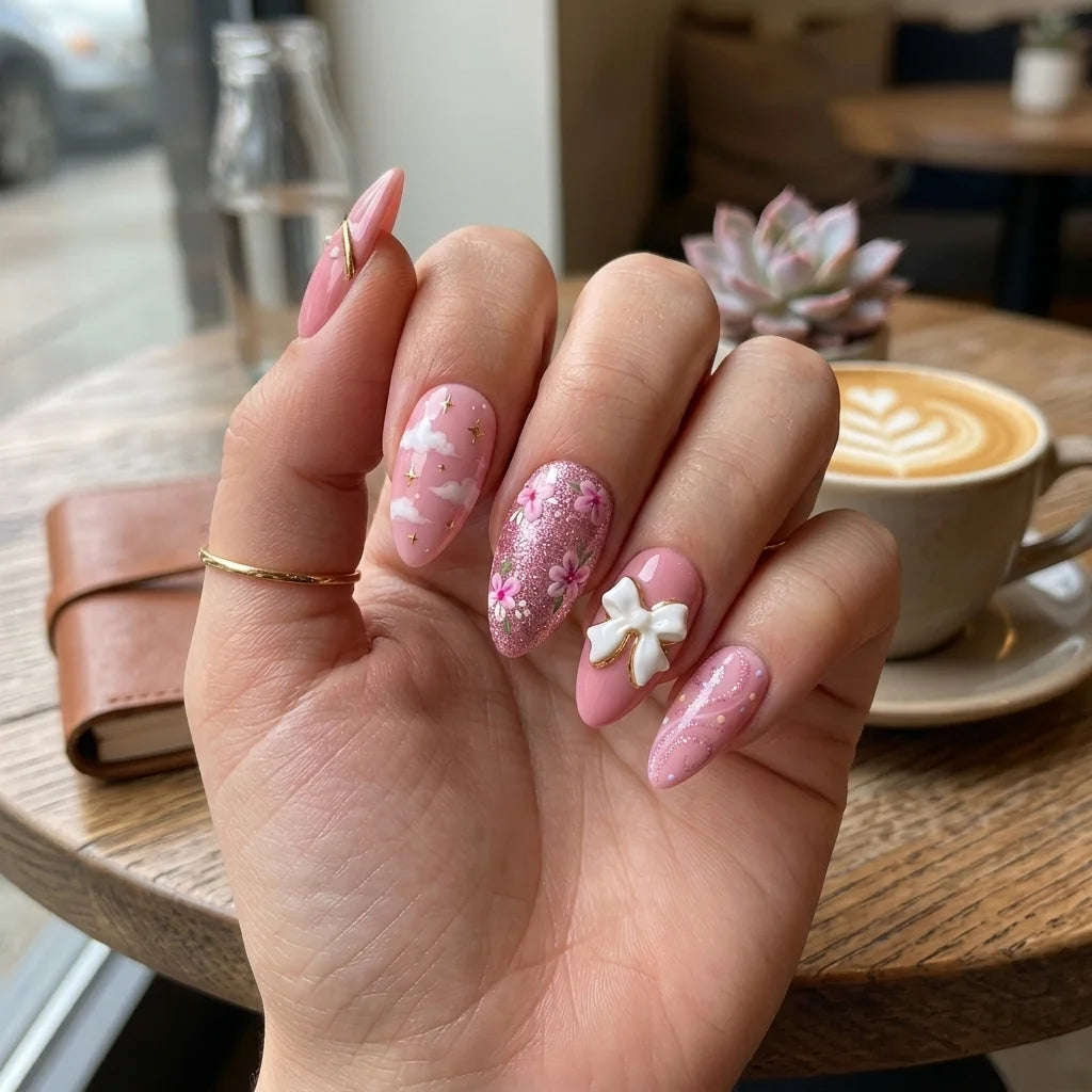 pink white 3d almond press on nails sakura clouds ribbon glitter lifestyle 02