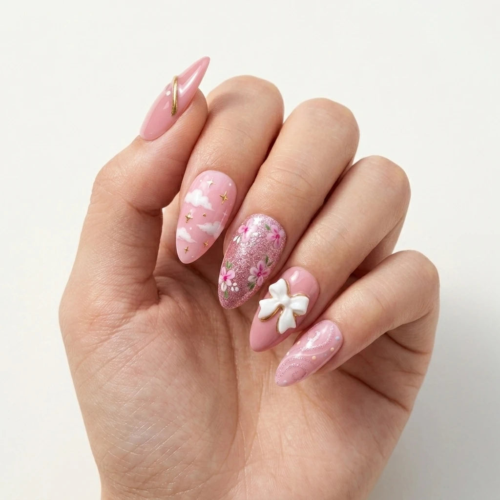 pink white 3d almond press on nails sakura clouds ribbon glitter mockup 01