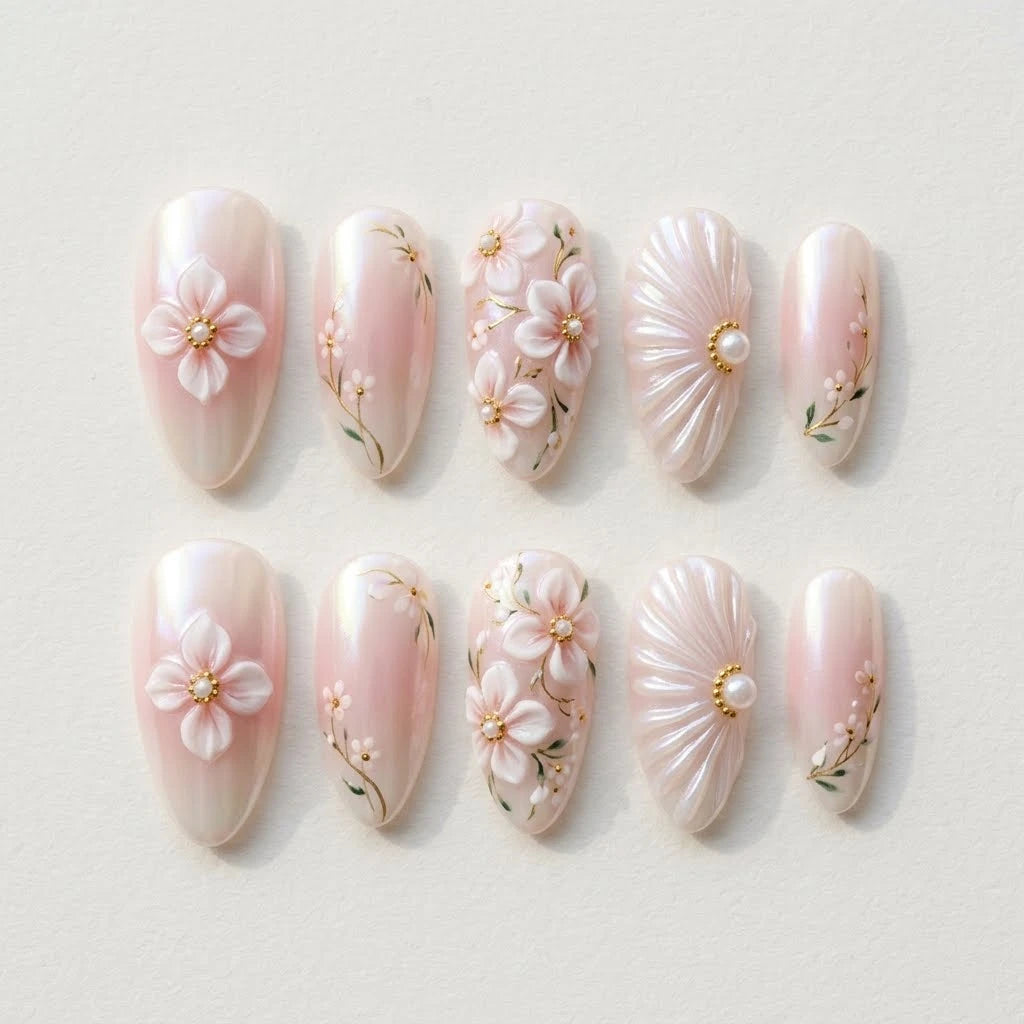 pink white 3d aura almond press on nails flower seashell pearl flat lay 01