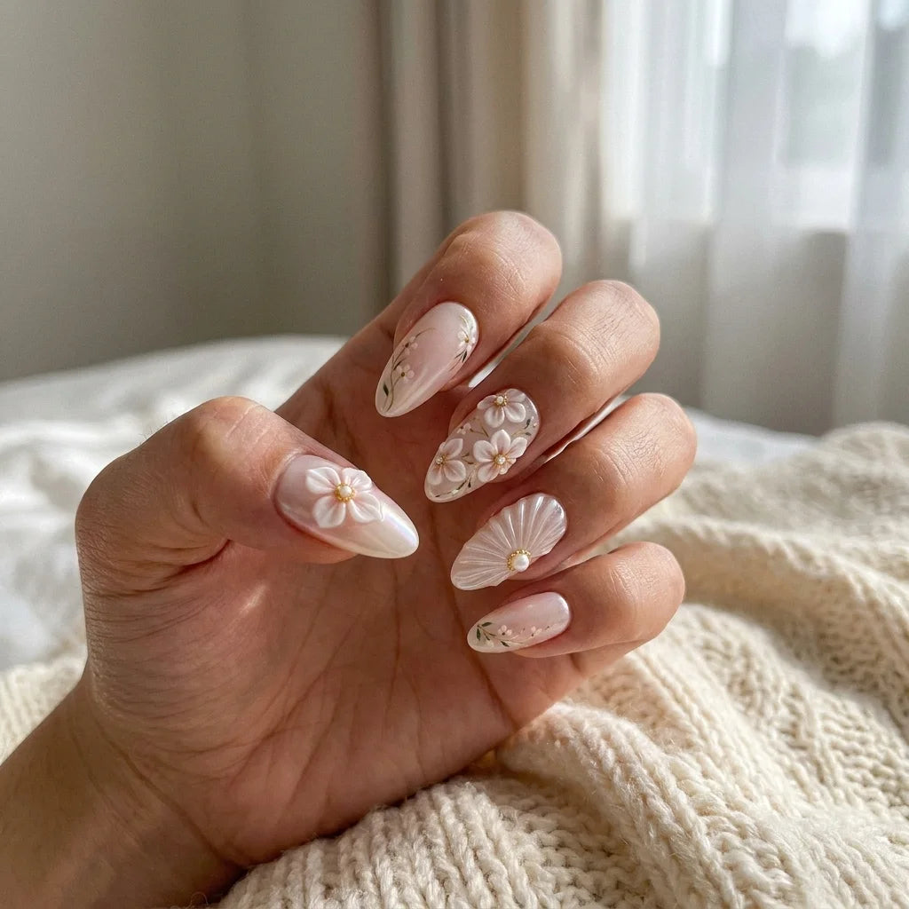 pink white 3d aura almond press on nails flower seashell pearl lifestyle 01