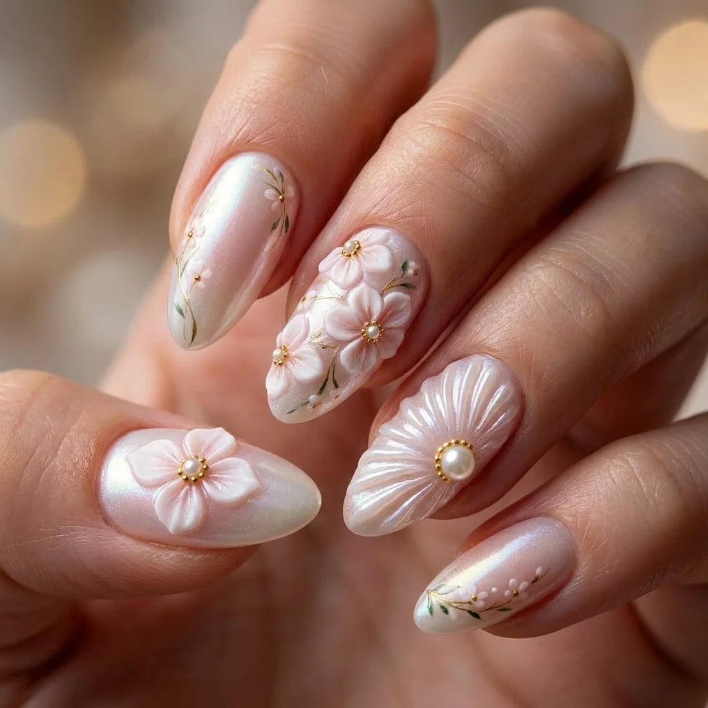 pink white 3d aura almond press on nails flower seashell pearl lifestyle 02
