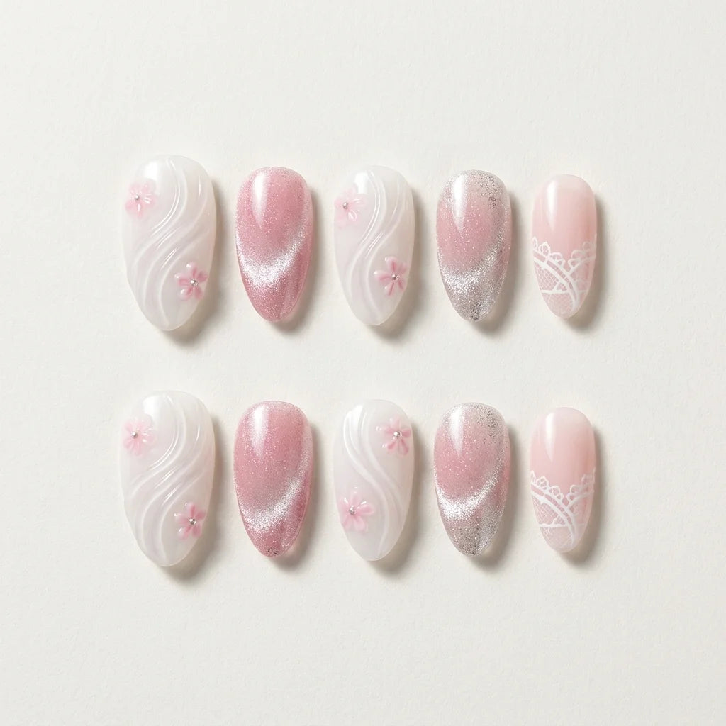 pink white 3d cat eye almond press on nails flower wave flat lay 01