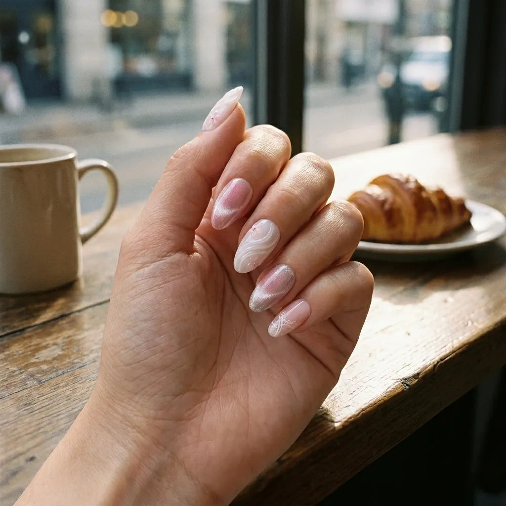 pink white 3d cat eye almond press on nails flower wave lifestyle 01