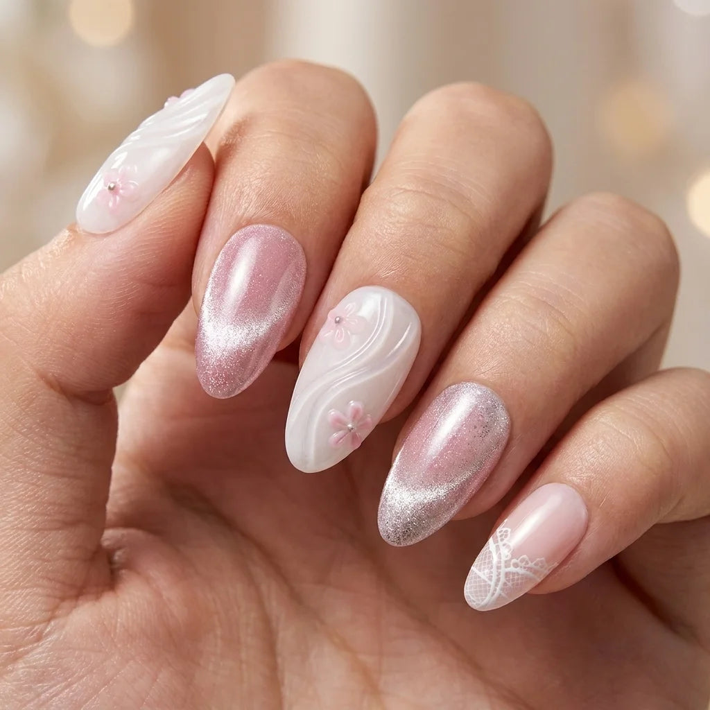 pink white 3d cat eye almond press on nails flower wave mockup 02
