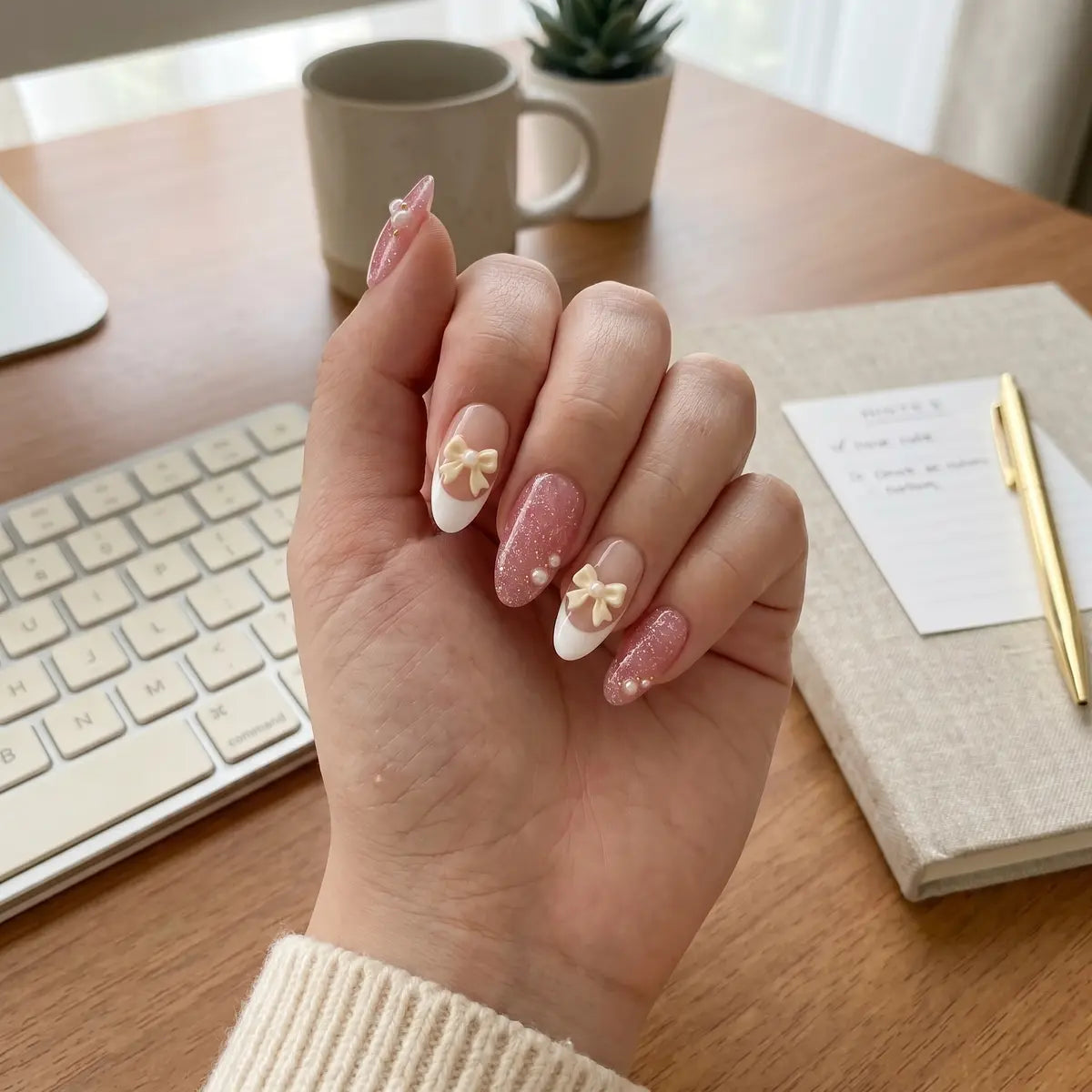 pink white 3d glitter french tip almond press on nails pearl detail 03