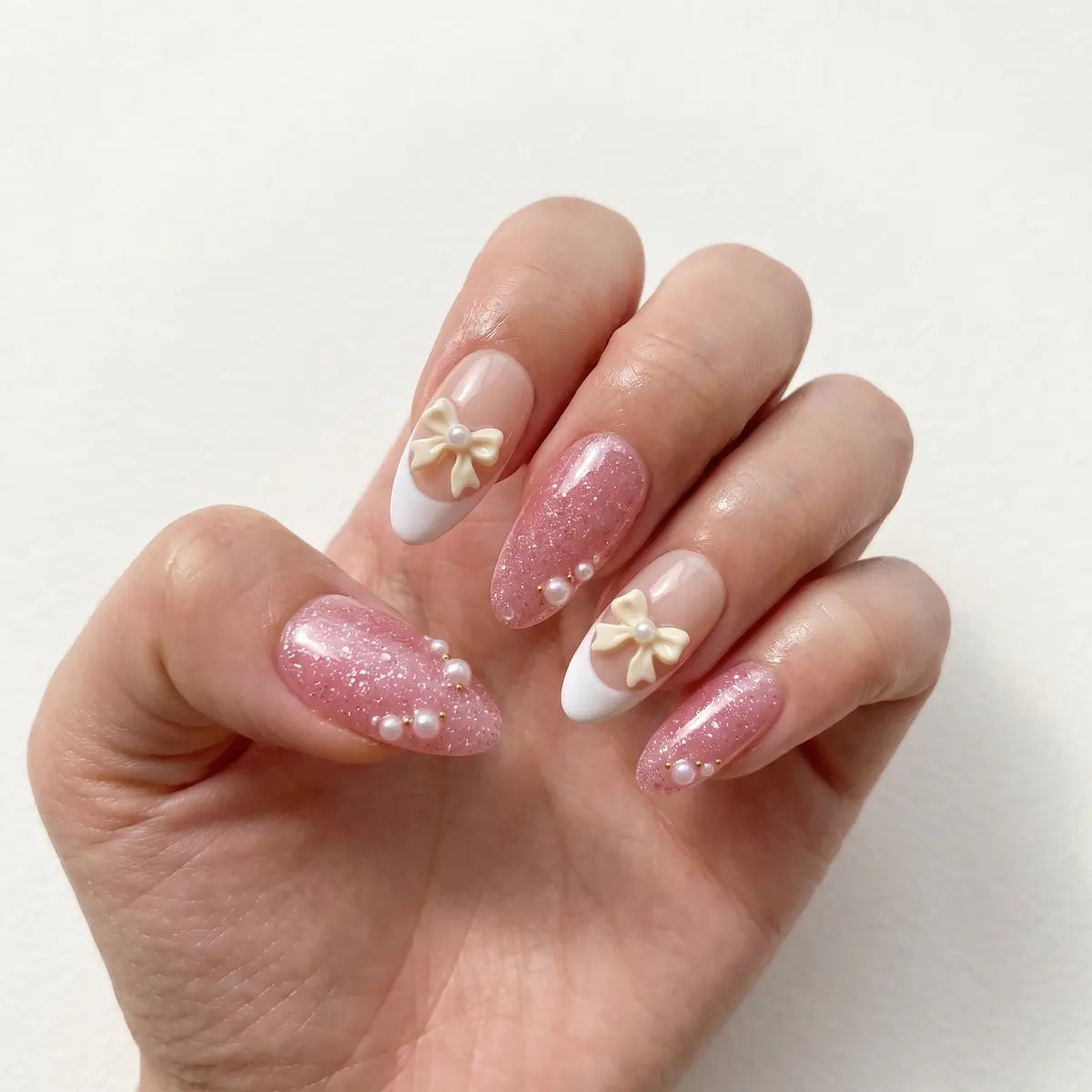 pink white 3d glitter french tip almond press on nails pearl lifestyle 02