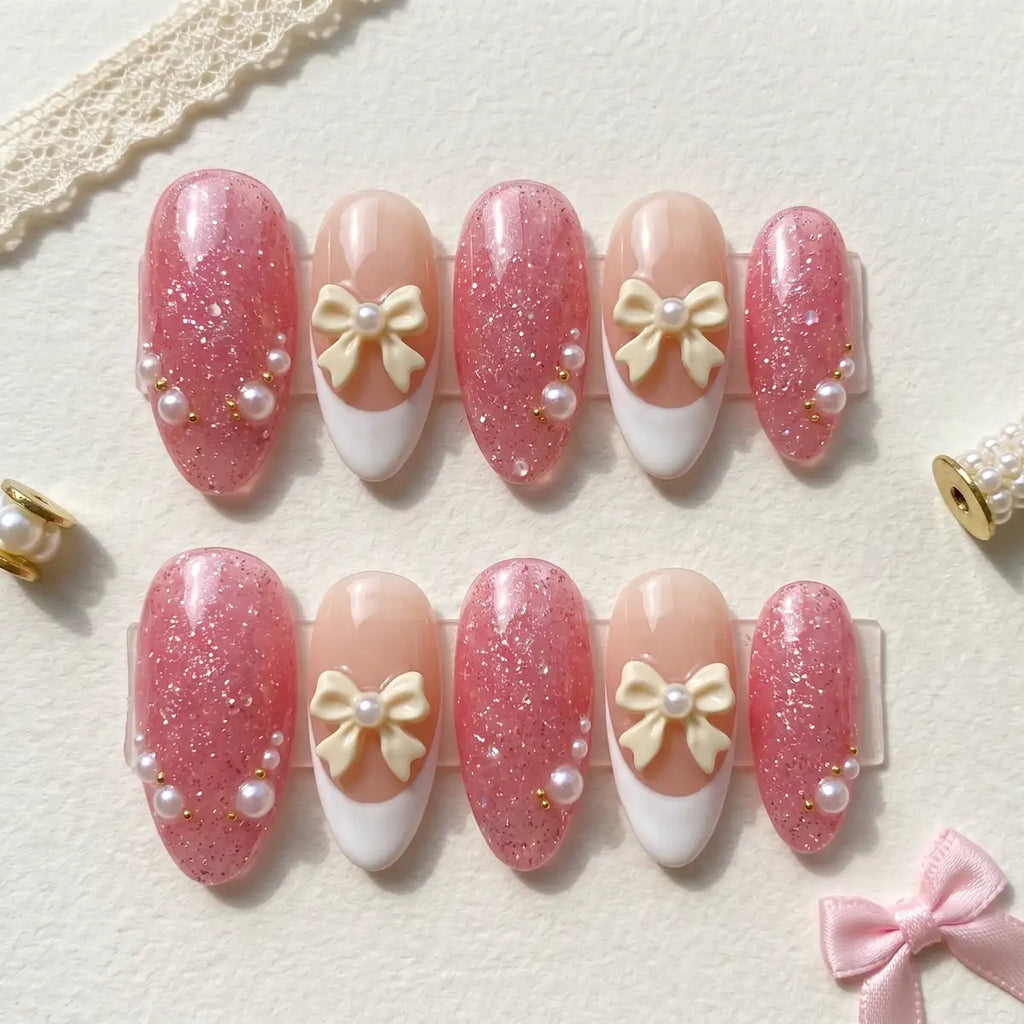 pink white 3d glitter french tip almond press on nails pearl mockup 01